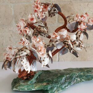 Vintage Fortune Tree Copper Wire Shell Green Stone MCM Tree of Life Bonsai